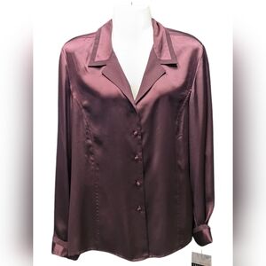 Liz Claiborne Elegant Satin Button-Up Blouse - Eggplant Purple
